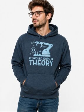 Engineers Fav It Should Work In Theory Gray Fleece Hoodie with Robot Print Sz XL